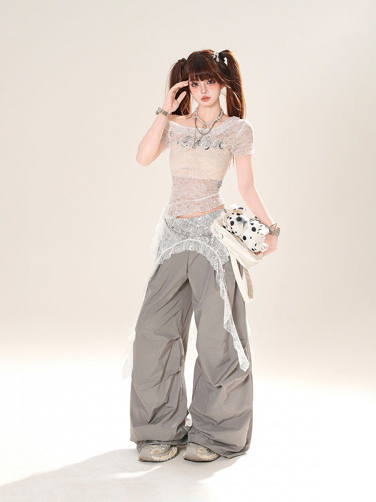 Grau/schwarze Hose mit weitem Bein und niedriger Leibhöhe und Spitzen-Accessoire an der Taille