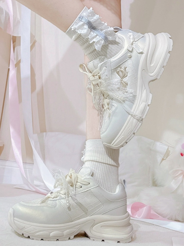 Bowknot Details Lace-up Front Ties White Beaded Decorated Sneakers