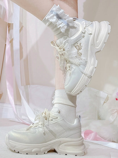 Bowknot Details Lace-up Front Ties White Beaded Decorated Sneakers