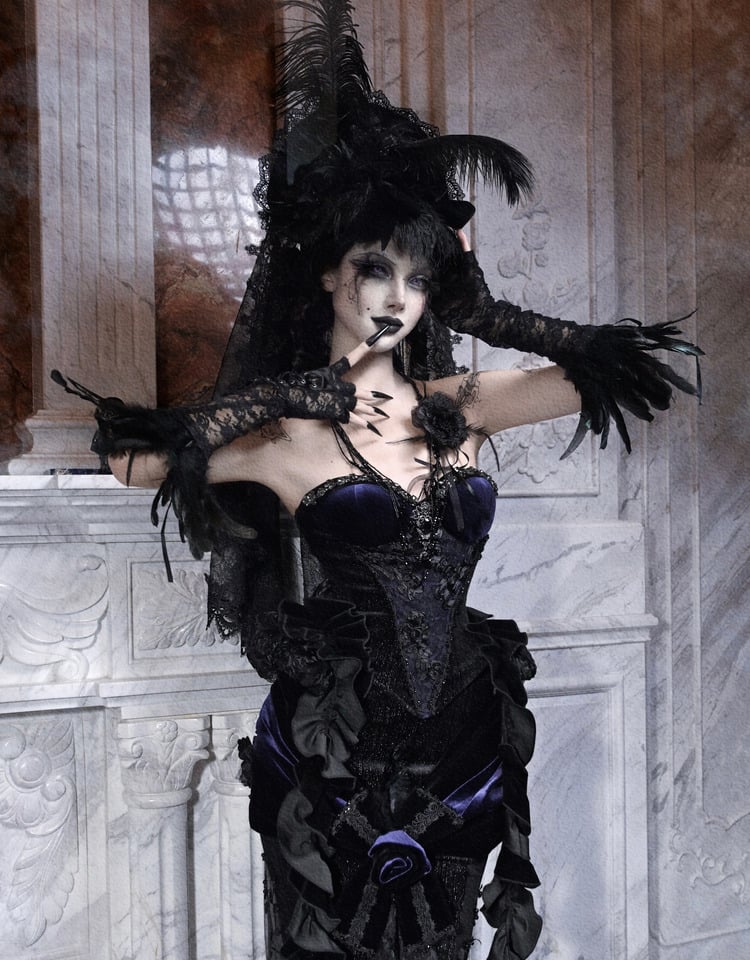 Romantic Goth Black Purple Velvet Corset with Rhinestones Beading - Blood Supply