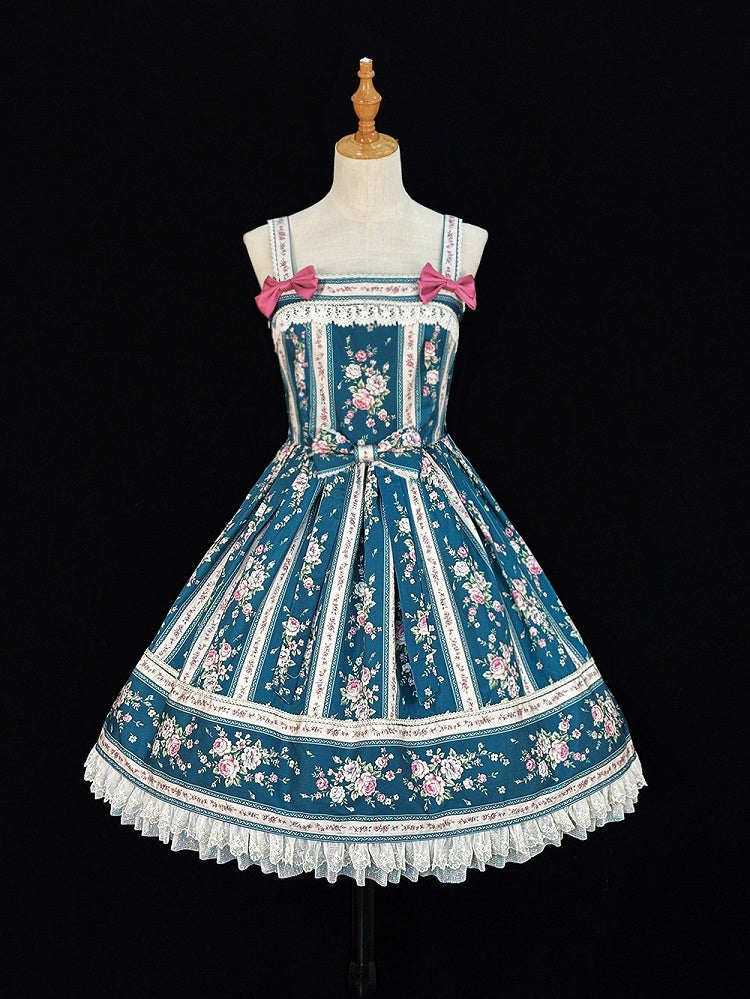 Teal Floral Print Classic Lolita JSK Dress with Back Lace-Up & Box Pleat Skirt - Miss Cube Dressworks