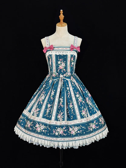 Teal Floral Print Classic Lolita JSK Dress with Back Lace-Up & Box Pleat Skirt - Miss Cube Dressworks