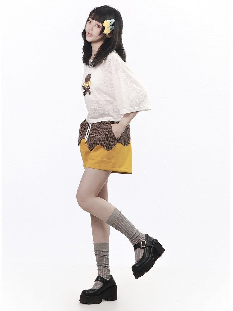 Caramel Pudding Yellow and Brown Plaid Drawstring Shorts - PINK SAVIOR
