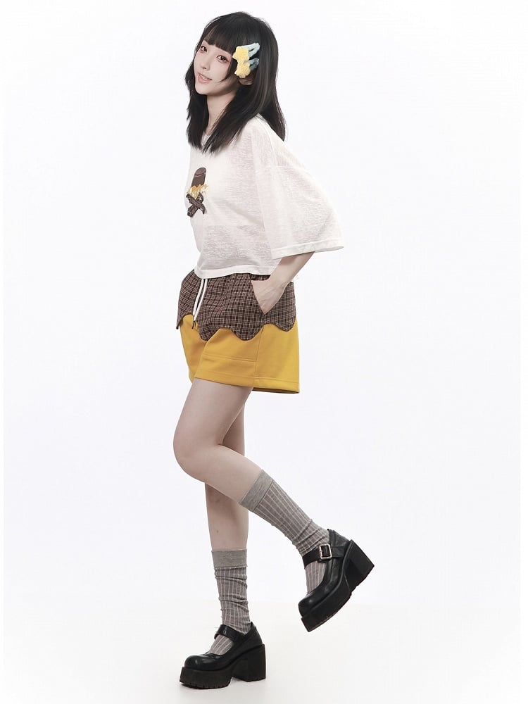 Lightweight White Pudding-Printed Short-Sleeved Top with Plaid Strip Accents - PINK SAVIOR