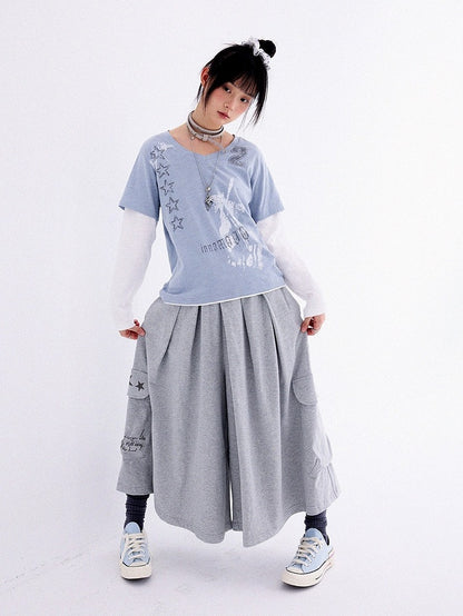 Dusty Blue Fake Two-Piece V-Neck Long Sleeve Tee with Print - innomoood