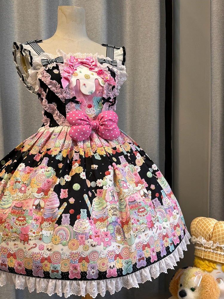 Rock Print Bär Desserts Lolita Süßer Pullover und Gummibärchen Schwarz