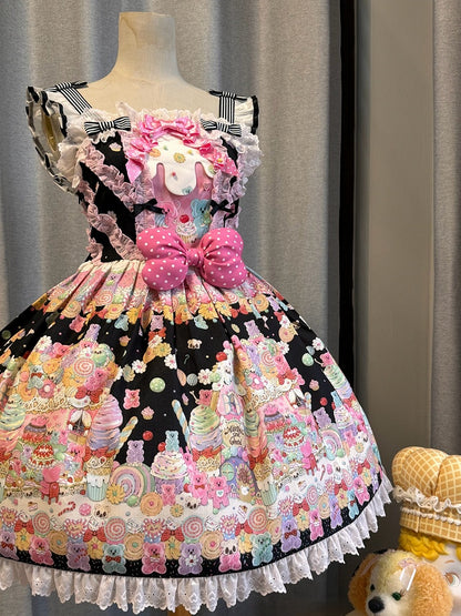 Rock Print Bär Desserts Lolita Süßer Pullover und Gummibärchen Schwarz