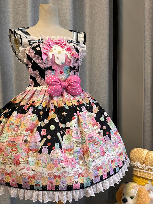 Rock Print Bär Desserts Lolita Süßer Pullover und Gummibärchen Schwarz