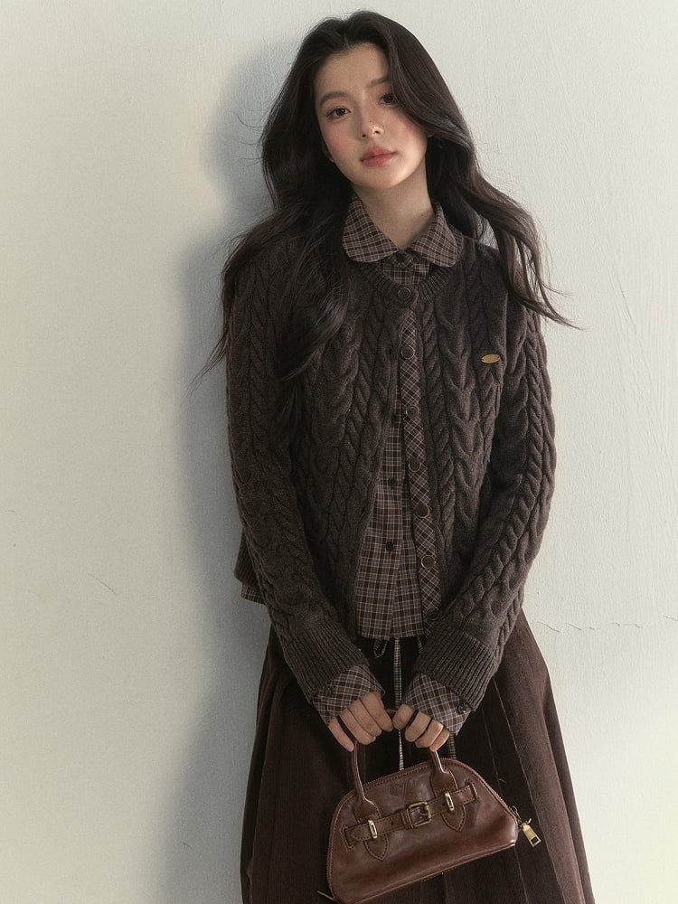 Sweet Plaid Blouse with Pattern Fake Two-piece Brown
