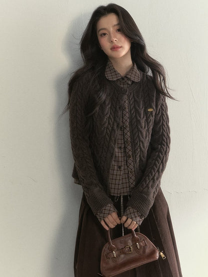 Sweet Plaid Blouse with Pattern Fake Two-piece Brown