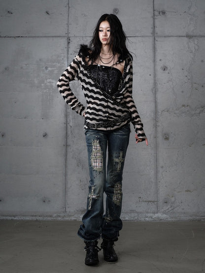 White with Vintage Set Deconstructed Fur Design Bustier Black Striped Top Faux Knit