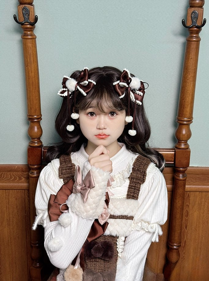 Hairclips Bow Accents Sweet with Pink/Brown Pom-pom Lolita