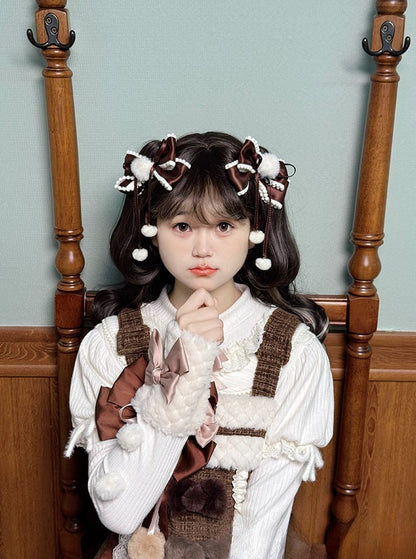Hairclips Bow Accents Sweet with Pink/Brown Pom-pom Lolita