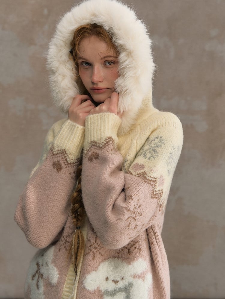 Collar Detachable Mohair Cozy Pink/Brown Fur Hooded Cardigan with Knit