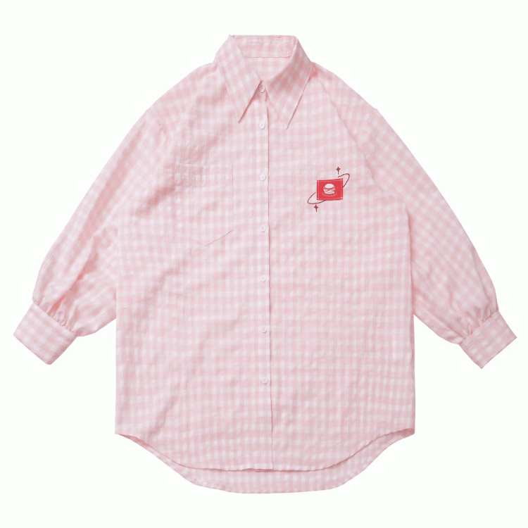Burger Embroidery Applique Oversized Shirt Pink/White