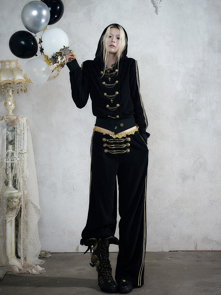 Black & Gold Double-Breasted Straight Leg Sweatpants with Lace Trim, Punk Style - NO ROMANCE