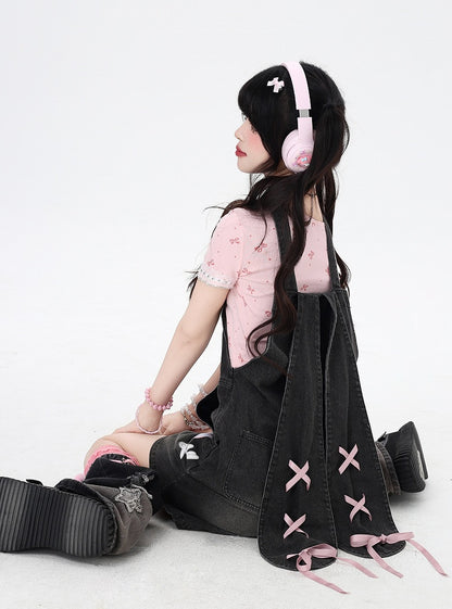 Black Bunny Ears Design Back Adorable Lace-up Denim Overall Shorts