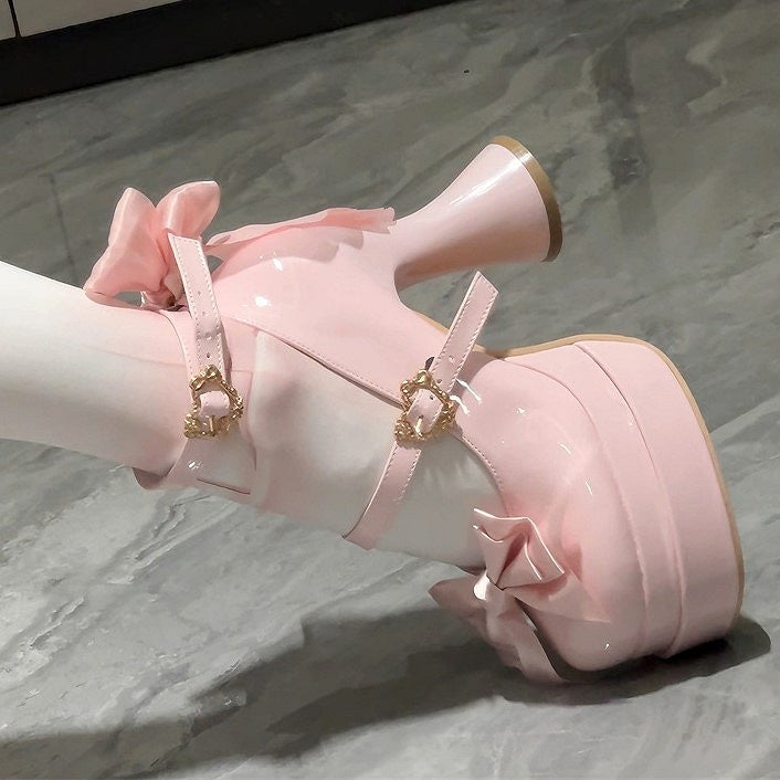 Sweet High-heel PU Top Pink at with Bow Janes Light Lolita Mary Platform