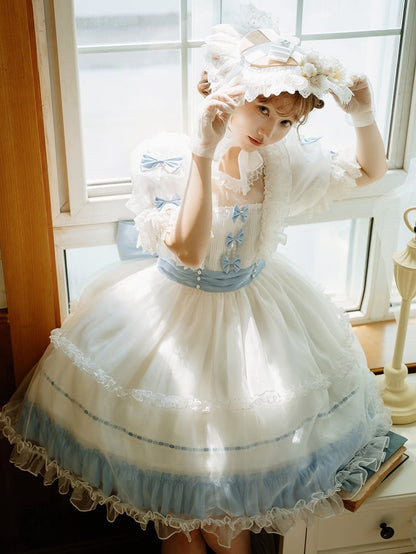 Lolita Bow Dress with Blue Accents and Classic Ruffle White
