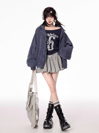 デザイン バンドカラー フェードウォッシュ ダメージ加工 ブルー/アプリコット ジャケット 秋 ジップアップ