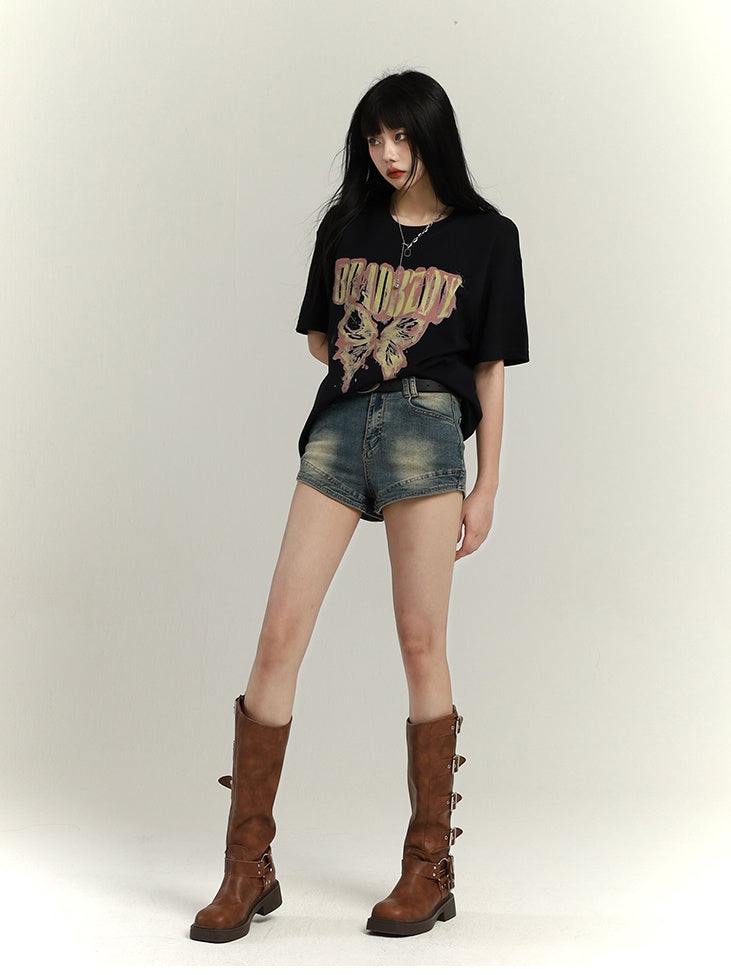 ダークグレー/ブラウン/ブラック/ホワイト バタフライプリント ヴィンテージ ルーズTシャツ