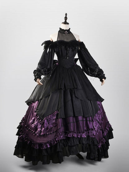 Black Open Shoulder Gothic Shirt with Illusion Halter Neck and Detachable Feather