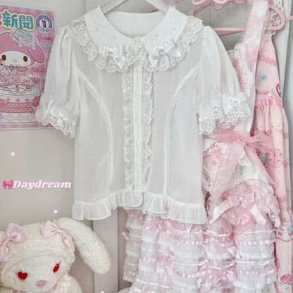 Ice Pearl Lolita Chiffon Bow Short Sleeve Blouse