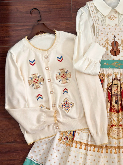 White Embroidered Pattern Elegant Lolita Knit Cardigan - Crucis Universal Tailor Company