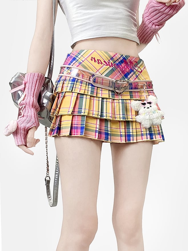 Drucken Bunter Rock Y2K Plissee Muster Plaid Buchstabe