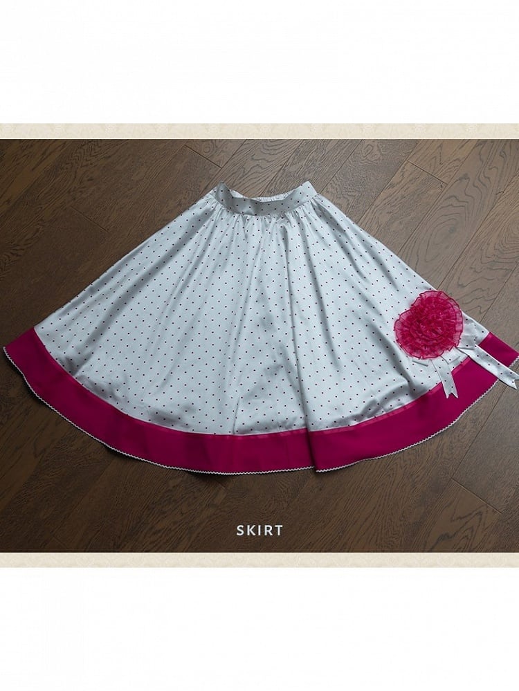 Retro Pink Blazer & Polka Dot Skirt Ensemble with Bow Accents and Detachable Collar - Charing Cross