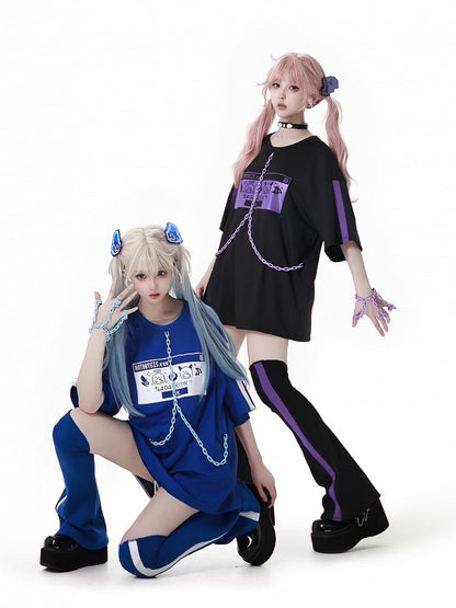 ピクセルキャラクタープリントチェーンデザイン ジライケイTシャツ ブルー ホワイト ブレスレット リングフィンガー付き