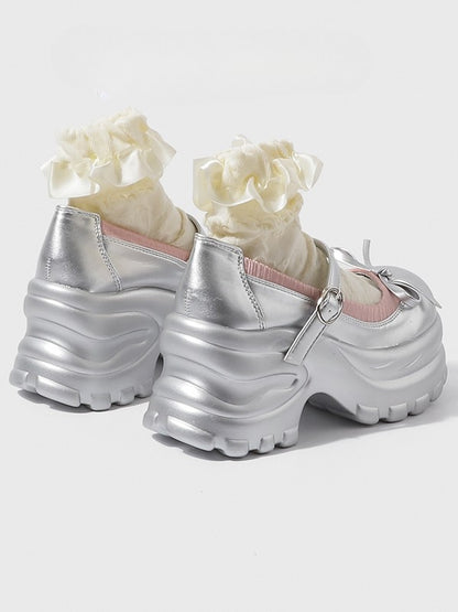 Janes at Chunky Top Mary Style Sole Silver Knotted Bow with Preppy