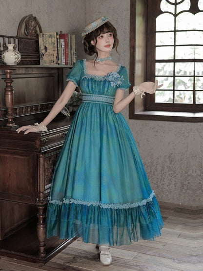 Square Neck Teal Lolita Dress with Belt & Chain Set - Elegant - With PUJI