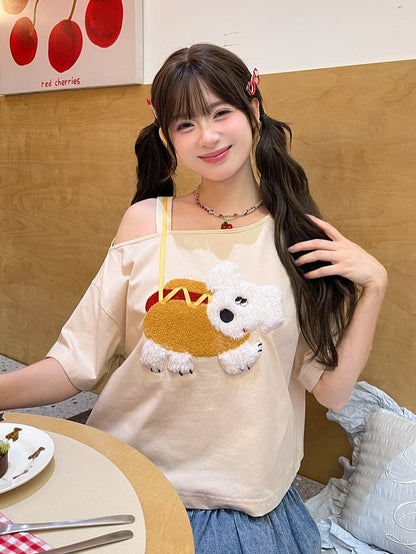 子犬のアップリケTシャツ 非対称ネックライン ホットドッグ アプリコットデザイン