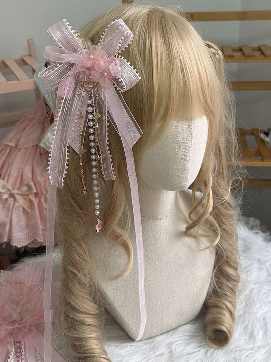 Hairclip Ribbon Pearl With Floral Bowknot Pink Lolita Chain Sweet