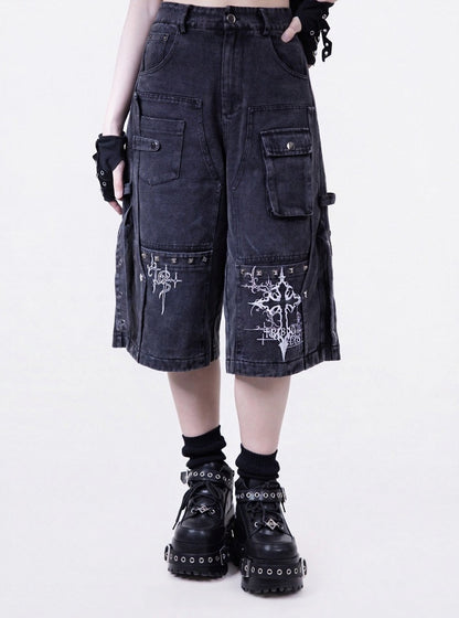 Dark Style Washed Gray Cargo Cropped Denim Pants with Embroidery Detail - Tribuo Flos