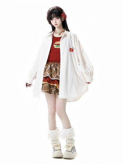 Burger Embroidery Applique Oversized Shirt Pink/White