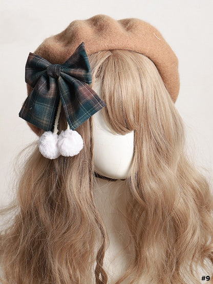 14 Color Options Plaid Bow Beret with Pom-Pom Accents