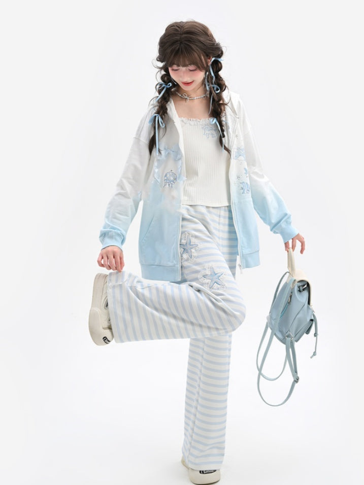 Gradient Blue & White Jellyfish and Dolphin Print Zip Closure Hoodie