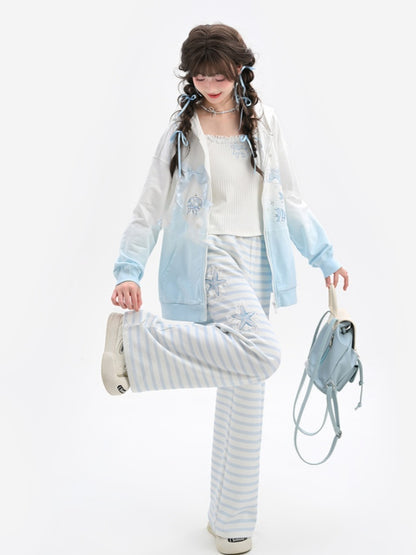 Gradient Blue & White Jellyfish and Dolphin Print Zip Closure Hoodie