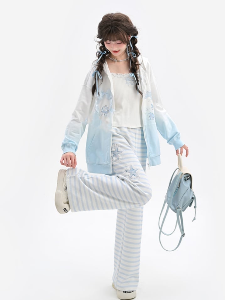 ブルー＆ホワイトストライプ ヒトデアップリケ ストレートレッグパンツ レギュラー/ショートバージョン