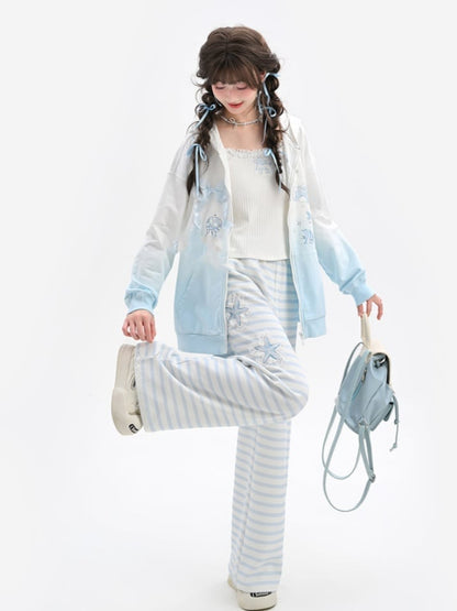 ブルー＆ホワイトストライプ ヒトデアップリケ ストレートレッグパンツ レギュラー/ショートバージョン