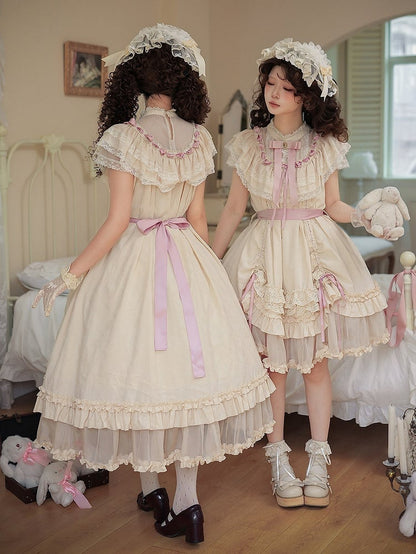 Beige Rosette Jacquard OP Dress with Ruffles - With PUJI