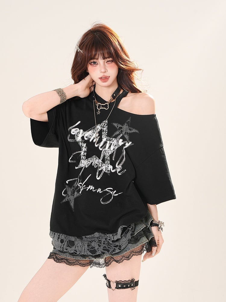 カットアウトショルダー、ダメージ加工ホールヘム、グラフィックTシャツ、ブラック/ホワイト