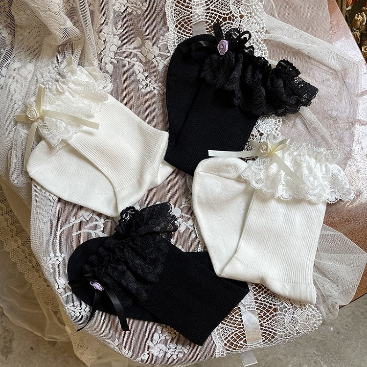 Decoration Lace Cotton Bow Trim White/Black Rose Socks with Lolita