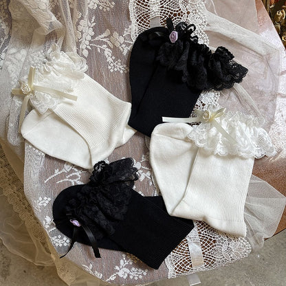 Decoration Lace Cotton Bow Trim White/Black Rose Socks with Lolita