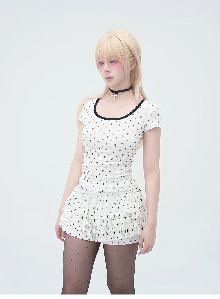 Pastel Gothic White Allover Cat Paw and Cross Print Tiered Ruffles Skort