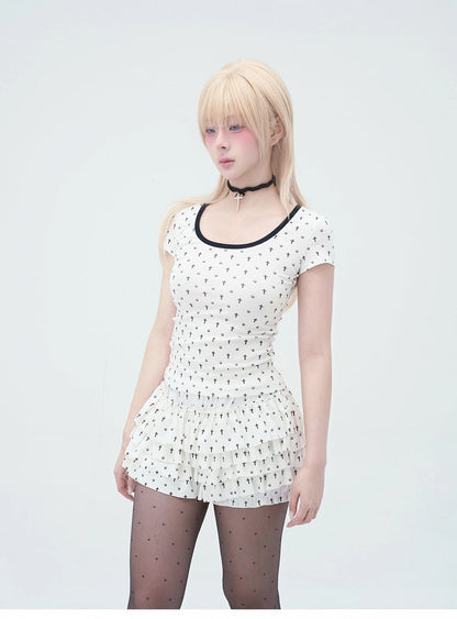 Pastel Gothic White Allover Cat Paw and Cross Print Tiered Ruffles Skort