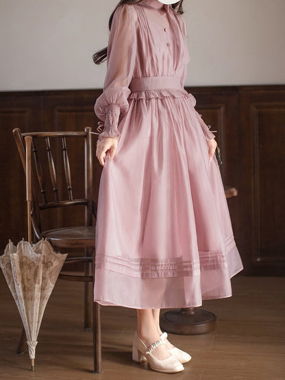 Manschetten Elastisches Mesh-Kleid Altrosa Elegante Details mit Bischofsärmeln Schleife