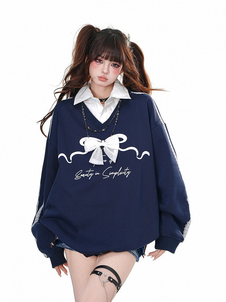 Marineblaues zweiteiliges Sweatshirt mit Polokragen und abnehmbarer Schleife